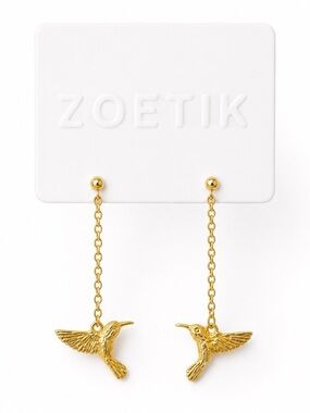 Zoetik Gold Hummingbird Chain Drop Earrings Bird Dangle NWT Coastal Boho Chic